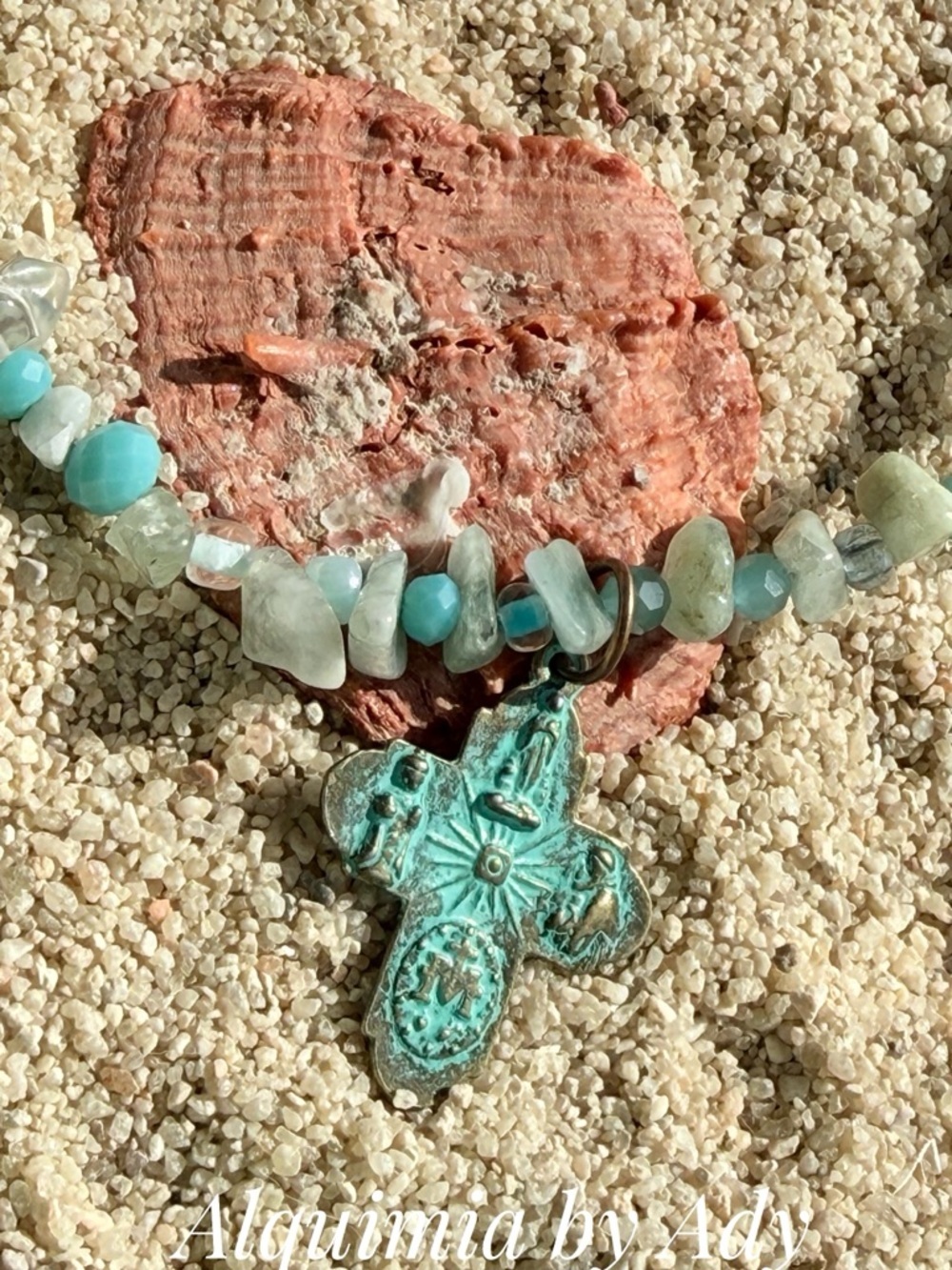 Aquamarine Bead Rosary Necklace with Silver Crucifix
